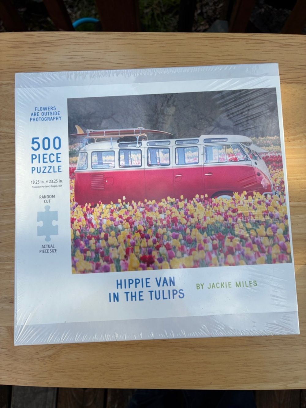 Hippie Van in the Tulips 500-Piece Puzzle  by Jackie Miles  VW van & surf boards